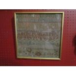 An 1838 numerical alphabet sampler by Marry Bink aged 10, gilt framed and glazed, worn, small hole,