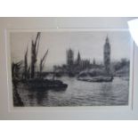 A Circa early 20th Century framed and glazed etching depicting Westminster bridge and Palace seen