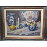 MO TEEUW: An oil on board still-life depicting a lemon and china, signed lower right, details verso,