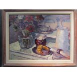 MO TEEUW: An oil on board still-life depicting a table with flowers, jam pot and a croissant,