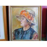 An oil on canvas depicting a portrait of a lady in floral bonnet, indistinctly signed lower right,