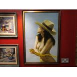 An oil on canvas of naked female with hat, signed lower right, Chinese artist,
