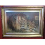 After Landseer: Lion and Lioness colour print, framed and glazed,