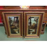 A pair of bevel edged mirrors monogrammed "JR" each depicting painted castles,