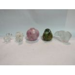 A Midsummer Glassmaker's of Cambridge pink swirl vase, glass robin paperweight,