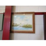 LESLIE CARTER: A watercolour of Hickling, Norfolk Broads, sailboat scene, framed and glazed,