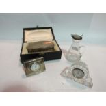 A Waterford crystal desk clock, a silver top gent's hair brush marked London, boxed,