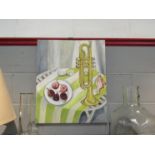 An oil on canvas depicting still life of figs with trumpet and seashell,