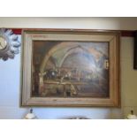 A mid 20th Century oil on hard board depicting goats in stable with chickens, monogrammed,