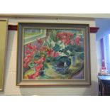 MARY CONDER: "Three Cyclamens", modern oil on board, framed,