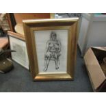 A gilt framed and glazed pencil sketch of nude sitting,