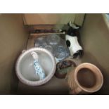 A box containing assorted items including a "Cooper craft" cow figure an a Deco vase,