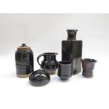 A collection of six Tenmoku glazed studio pottery items, various seals and makers. Tallest 26.