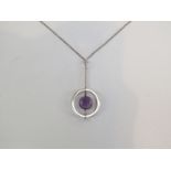 Elis Kauppi for Kupittaan Kulta, silver Finnish amethyst modernist design pendant on chain,