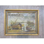 J CHEN (Chinese XX) A framed oil on board, fishing boat in harbour. monogram & dated 1936 top left.