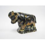 A Celtic Pottery of Newlyn figure of a bull with painted design by Maggi Fisher.