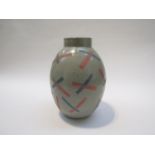 A Studio Pottery vase, ash glaze with over painted thick line detail in pink and blue.