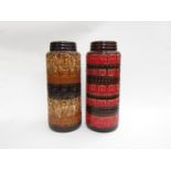 Two Scheurich West German pattern floor vases in treacle and brown and red and brown glazes,