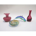 A collection of art glass including a Phoenician glass dish, Mtarfa vase,