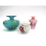 Three Mdina Glass vases in blues, pink and white.