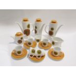 A collection of J & G Meakin coffee wares with sunflower pattern, three coffee pots, hotwater pot,