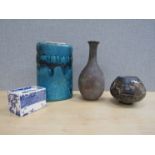 Four pieces of Studio pottery to include turquoise slab vase, stoneware bottle vase,