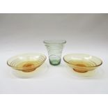 A pair of Whitefriars ribbon trail slip dishes in amber, No.8091, plus a green vase.