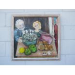 NANCY WHISTLER (1912-2011): A framed oil on board, figures at a table. Details verso. 60cm x 65cm.