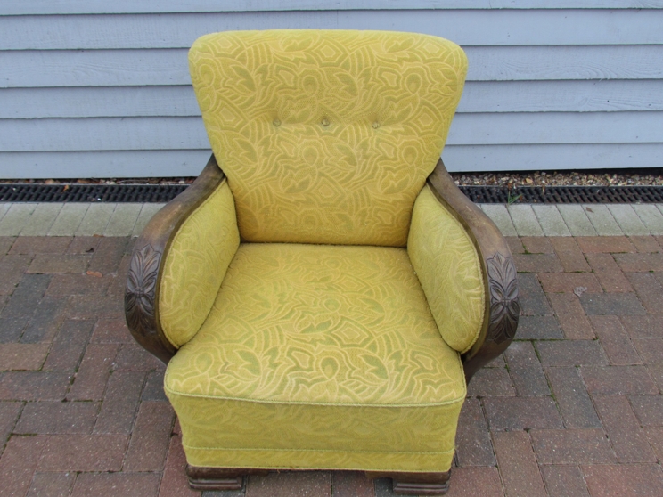 A Danish 1940s oak framed armchair with lime green foliate embossed upholstery, - Image 2 of 2