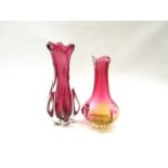 Two Art glass blown vases, cranberry encased in clear,