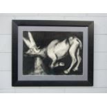 A framed and glazed charcoal on paper, study of a calf. Signed lower right and dated '05.