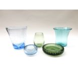 A collection of Whitefriars bubble inclusion vases and dishes including William Wilson designs in