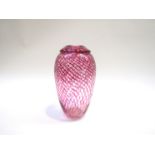 An Ingrid Pears Glass Studio glass vase, clear and cranberry hatch line detail,