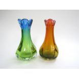 Two Murano glass vases of similar shape, one in amber, green and one in blue and green.