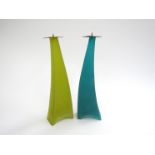 A pair of "Lepage" American lucite candle sticks in blue and lime colours.