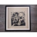 A large framed limited edition woodblock print of a man and skull, unsigned,