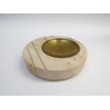 Tomasso Barbi 1970's Italian polished carved Travertine roundal with brass dish insert, 19.