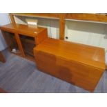 Two teak wall cabinets, glass fronted display and fall front drinks cabinet,