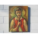 An unframed oil on canvas circa mid 20th Century, portrait of a gentleman smoking a pipe,