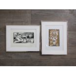 Two small framed original woodblock art prints 12cm x 17cm
