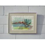 A framed 1960s abstract landscape watercolour painting, unsigned, 36.