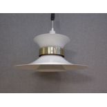 A Danish five tiered ceiling light in white with orange and brassed collar