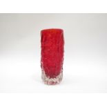 A Whitefriars model 9690 cylindrical bark textured vase in ruby designed by Geoffrey Baxter,
