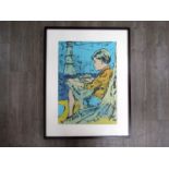 DAVID BROMLEY (b.1960): A framed and glazed silk screen print, "Boy & Lighthouse". Pencil signed