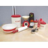A collection of 1950's/60's kitchen wares including Salter scales, tin canisters,