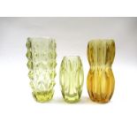 Three Czech glass pressed vases in amethyst and lemon colours - Rosice by Jan Schmid,