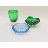 A Whitefriars pale blue dish with bubble inclusions plus similar green bowl and vase.