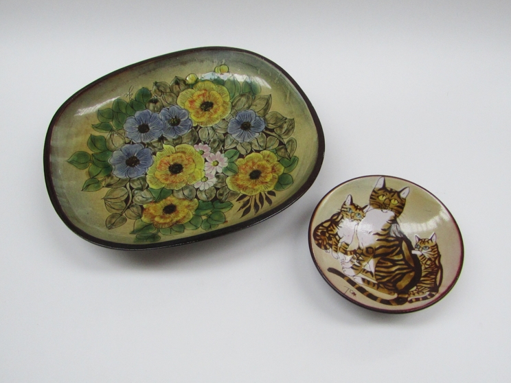 Large Chelsea Pottery footed dish with flower design, impressed pottery marks to base, 33cm x 29cm,