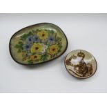 Large Chelsea Pottery footed dish with flower design, impressed pottery marks to base, 33cm x 29cm,