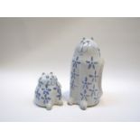 Two Studio Pottery figures of cats, white glazed with blue painted detail, incised marks